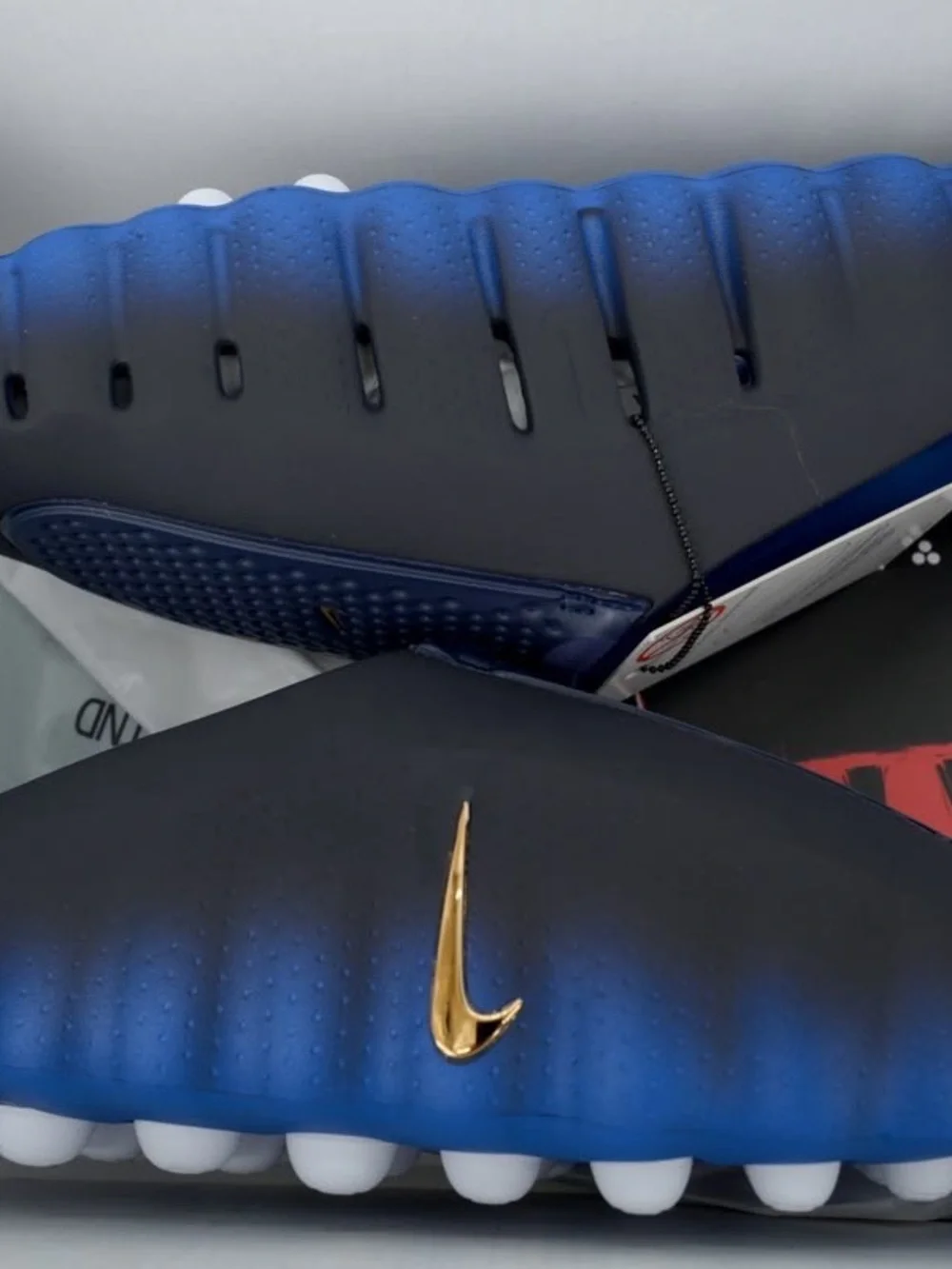 Nike Men's Navy and Blue Slide Sandals with Gold Swoosh